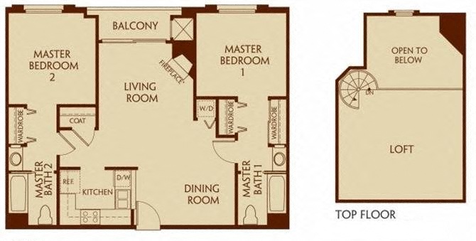 Floor plan for 2 beds, 2 baths, 1099 sqft